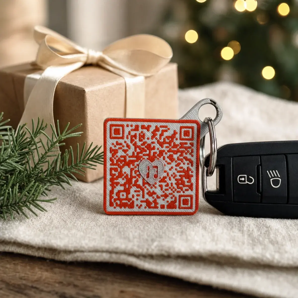 A red and silver 3D-printed QR code keychain with a heart and a music note, on a ring with a car key, beside a wrapped gift and a sprig of pine