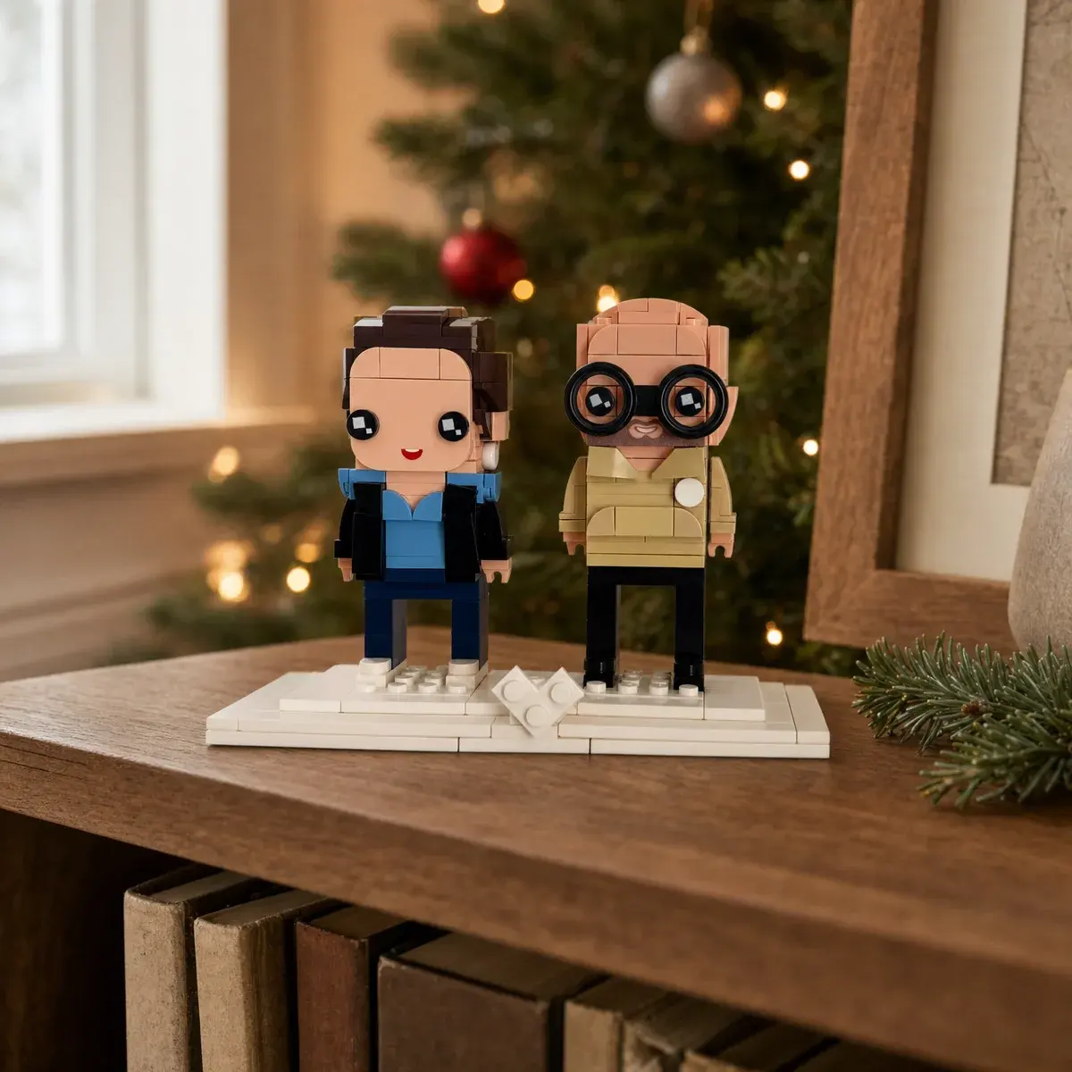 Two brick figures of a couple on a white brick base with a small brick heart between them, on a wooden shelf in front of a Christmas tree