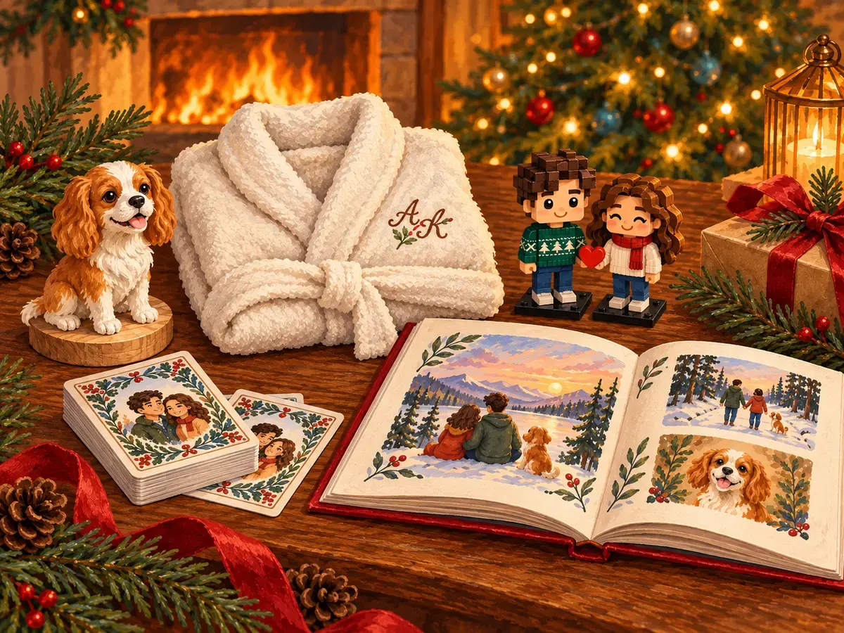 A Christmas gift illustration with a pet figurine, an embroidered bathrobe, a brick couple, portrait playing cards and an open love story book