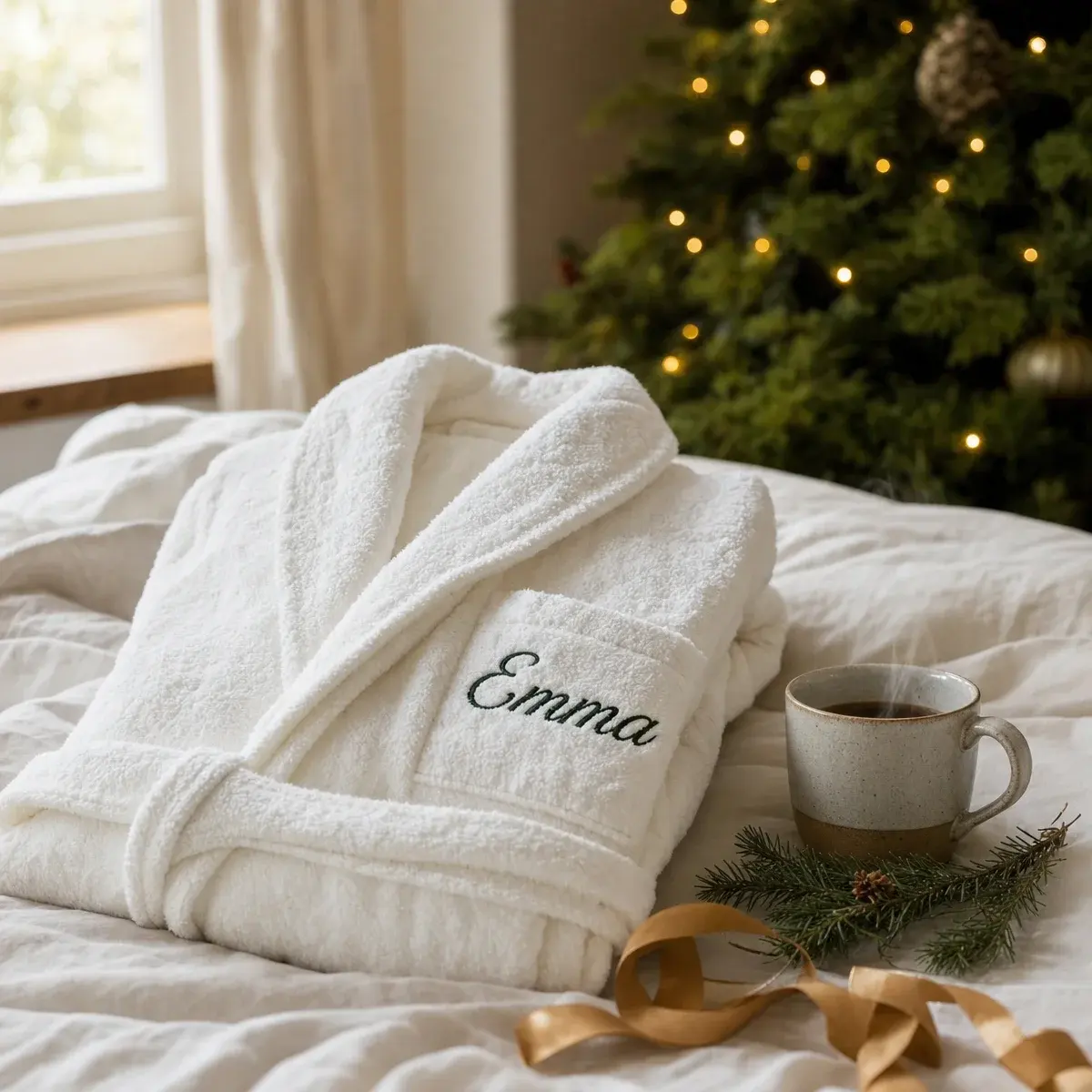 A folded white bathrobe with the name Emma embroidered in green on the pocket, on a bed beside a mug of coffee and a Christmas tree