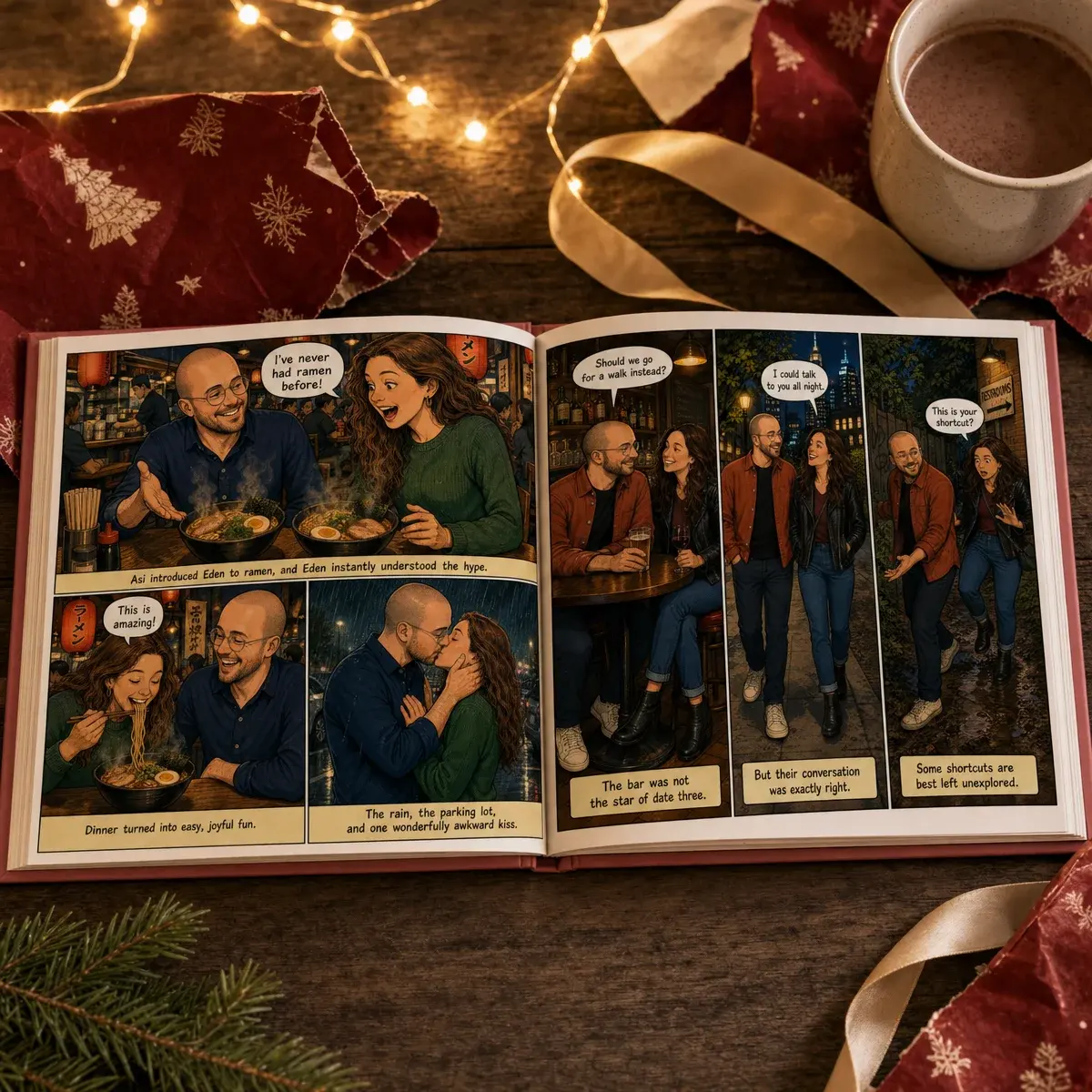 The Novella book Eden & Asi open on a wooden table, with comic pages of their ramen date and their third date, beside Christmas wrapping paper and hot chocolate