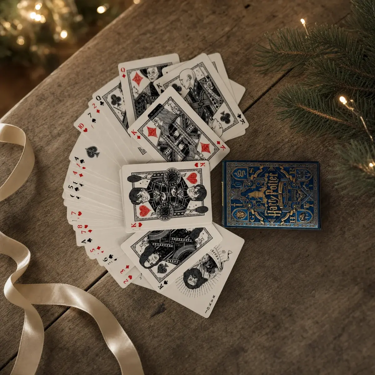 A deck of illustrated playing cards fanned out beside its blue and gold box on a wooden table, with a cream ribbon and pine branches