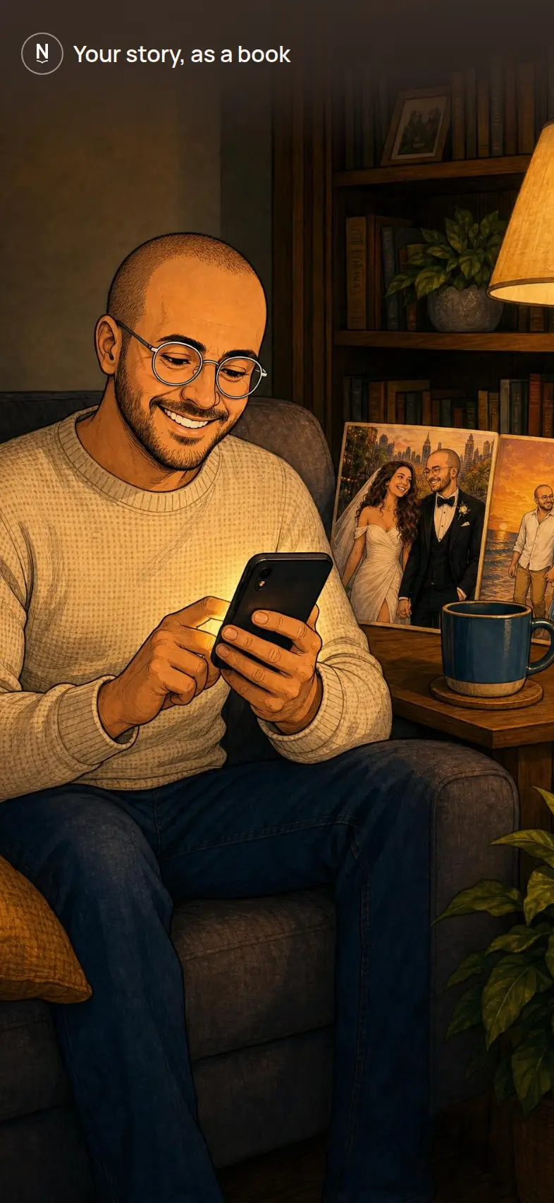 A man on a sofa types his story on his phone