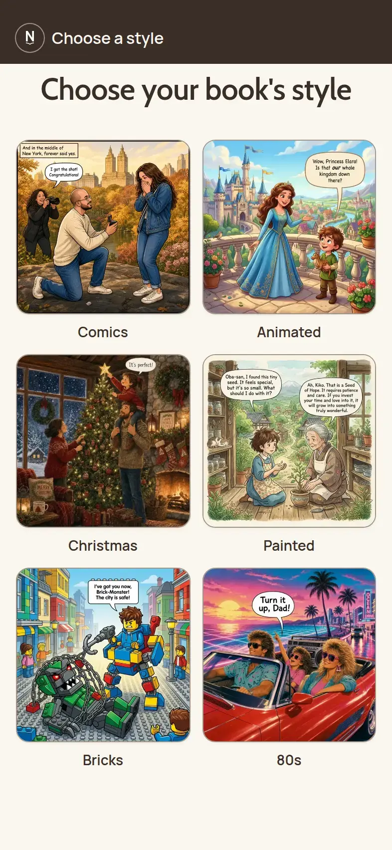 The Novella screen with the art styles of a book
